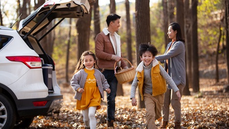 Family unpacking car for picnic